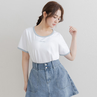 【PolyLulu】 CREAMY刺繡撞色TEE 中大尺碼上衣
