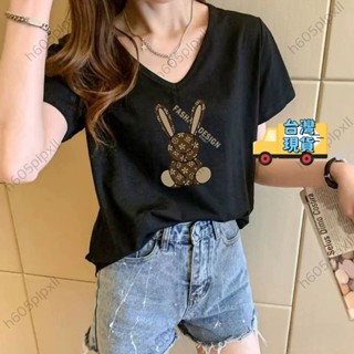 【M-4XL】印花短袖 夏季新款時尚純棉v領T恤女 大尺碼女裝 女T恤 韓版衣服 可愛上衣 T恤 短t 短袖 T恤女
