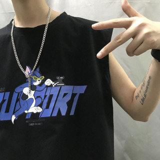 ins潮流嘻哈街頭復古暗黑字母印花上衣無袖打底寬鬆夏季背心T恤男