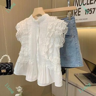 桃園出 特價 襯衫女無袖蕾絲鏤空荷葉邊2025春夏季新款設計感小眾法式背心上衣 I