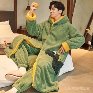 ✨可開發票#睡衣男鞦鼕季珊瑚絨男士睡袍加厚中長款法蘭絨保暖卡通傢居服套裝