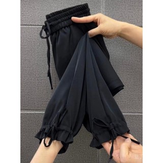 現貨休閒褲女長褲寬褲顯瘦高腰垂感鬆緊腰夏季長褲直筒韓係冰絲速幹哈倫褲子女夏季薄款顯瘦大碼胖mm休閒九分褲燈籠褲運動褲