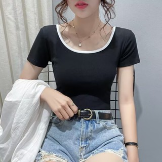 愛依依 大碼女裝 短袖T恤 中大純棉上衣 M-4XL夏季撞色U領螺紋修身打底衫上衣-2522.