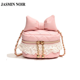 Jasmin NOIR 女士品牌 PU 皮革格子絎縫斜挎包休閒蕾絲蝴蝶結甜美可愛鏈條小水桶