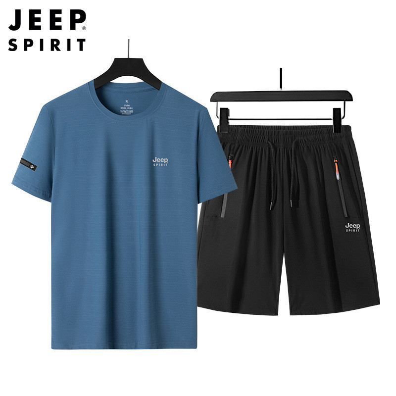 JEEP SPIRIT男裝套裝短袖T恤短褲兩件套運動服夏季寬鬆冰絲6124