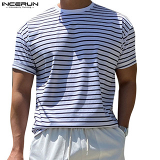 Incerun 男士韓版圓領條紋寬鬆休閒短袖T恤