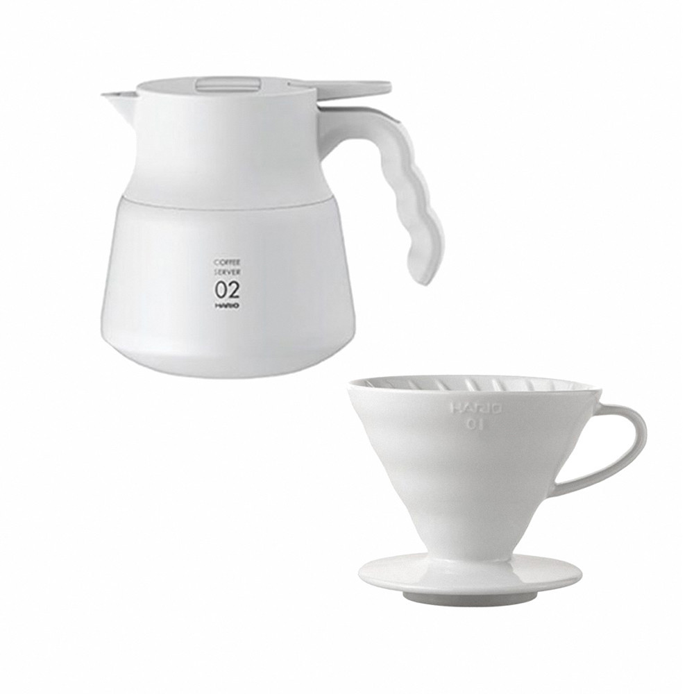 【HARIO】純白系列 V60白色01/02磁石濾杯 + V60不鏽鋼保溫咖啡壺白PLUS 600/800