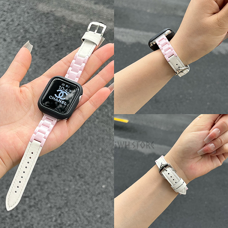 炫彩陶瓷拼接真皮錶帶 適用於 Apple Watch 9 8 7 5 5 SE 蘋果手錶錶帶 41 45mm 男女生錶帶