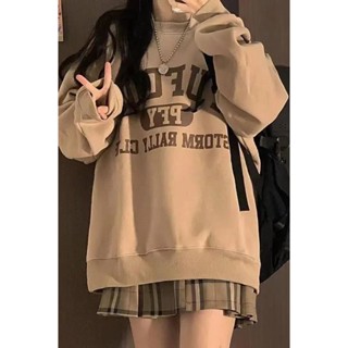 《現貨下單》秋冬新款刷毛潮牌咖啡色大學T女學生寬鬆bf慵懶風設計感小眾上衣女
