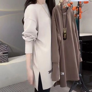 🔥48H出貨 M-4XL 大尺碼上衣 大碼女裝 長袖t恤 保暖上衣 中長款t恤女春秋冬新款德絨遮肚長袖打底衫上衣刺繡百