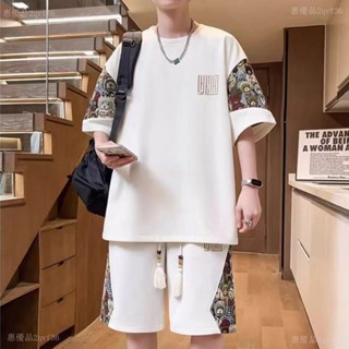 新季爆款❤男生衣著 特大尺碼300斤新中式套裝男寬鬆薄帥氣短袖短褲兩件套中國風學生T恤 短版上衣短袖T恤L2qvf36