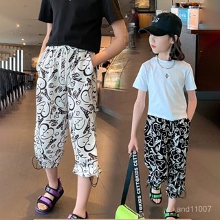 2025年新款 女童褲子夏季薄款 七分褲 中大童長褲 韓版 寬鬆 燈籠褲 印花 闊腿褲 小孩 休閒褲 兒童褲子 運動褲