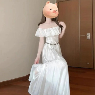 evening dress 高階 禮服裙 森系簡約小飛袖荷葉邊一字領洋裝超好看茶歇法式氣質長裙 現貨3/27