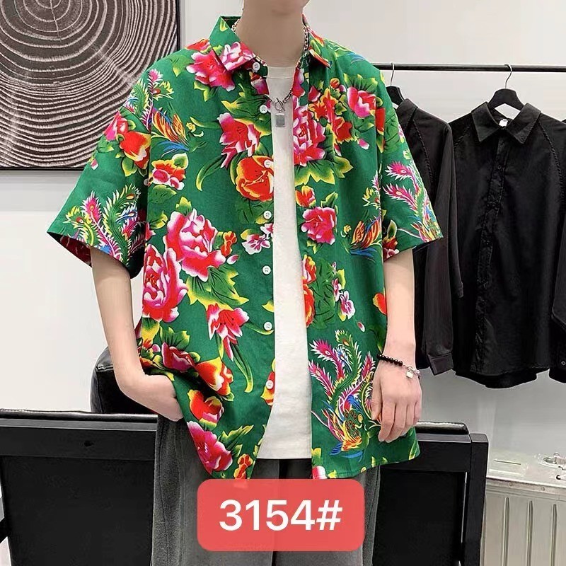 新款夏威夷向日葵寬鬆短袖襯衫時尚男女購物旅行高品質碎花襯衫