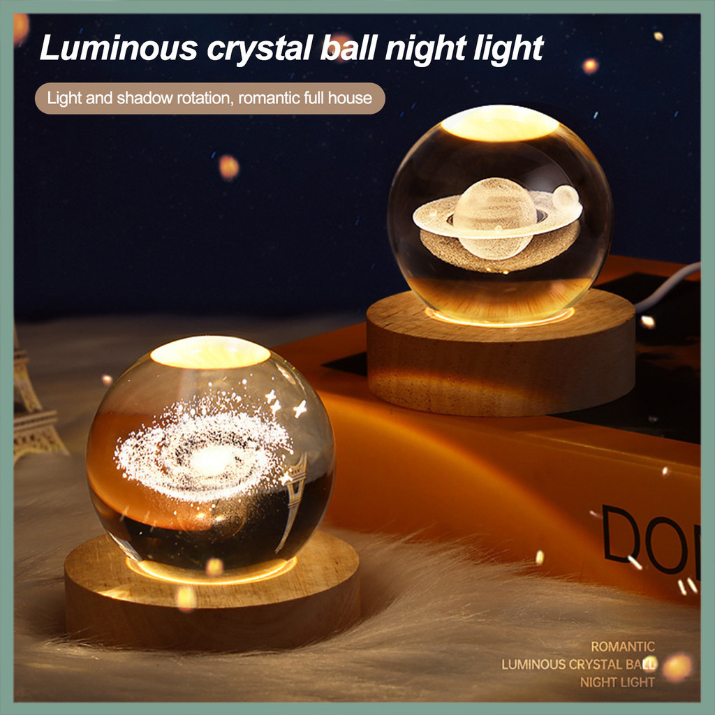 【Wx】人造水晶球夜燈帶木製底座 3d 雕刻太陽系行星透明地球球床頭 LED 燈桌面裝飾生日禮物