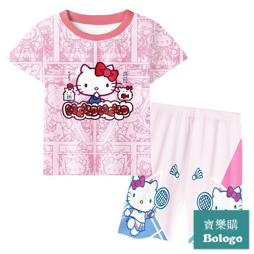Hello Kitty 家居女童短袖套裝 HELLO貓 凱迪貓 女童睡衣套裝兩件套 寶寶短褲睡衣套裝 家居服空調服 運動