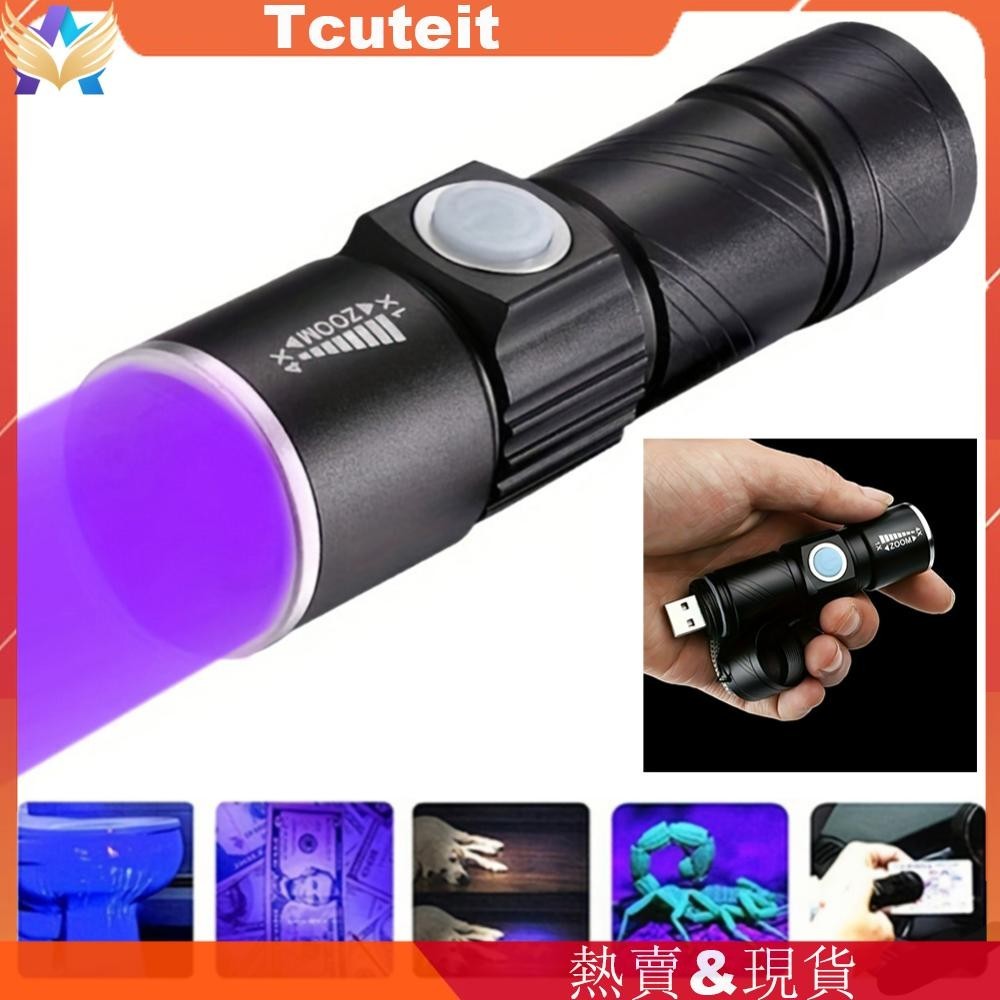 395nm LED鋁合金UV紫光手電筒 USB充電防水500mAh  熒光劑檢測燈驗鈔燈檢查寵物尿液汙漬