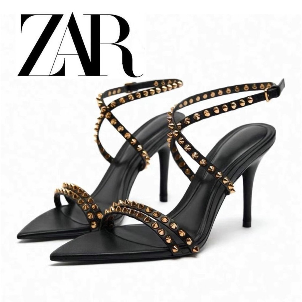 ZAR西班牙 新款女鞋黑色鉚釘飾牛皮革高跟涼鞋歐美金屬個性高跟鞋