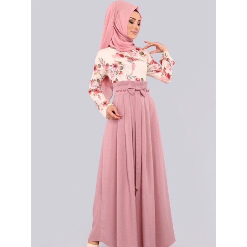 芳佑服飾女裝阿拉伯馬來西亞中東迪拜長袖高腰印花洋裝