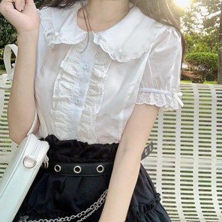 💖臺灣出貨💖花苞袖上衣 娃娃領襯衫甜美小個子白襯衫夏季2023年新款洋氣花邊短袖上衣女