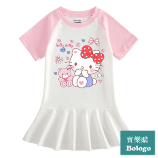 夏季 韓版 童裝 Hello Kitty 卡通短袖女孩洋裝 凱蒂貓 兒童連身裙 撞色女寶寶洋氣百褶裙子