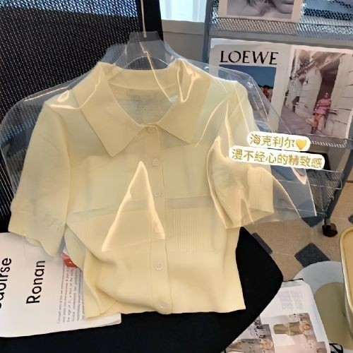 迪葵納 黃色 Polo領 針織衫 短袖 女 2023 夏季 新款 洋氣 減齡 短版 上衣 YG6U
