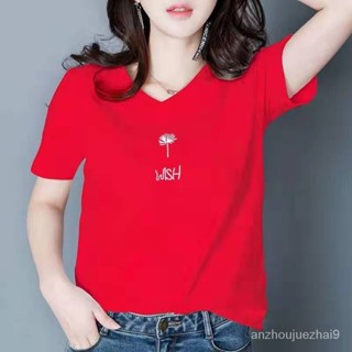 女夏季女韓版新款印花雞心領V領T恤棉寬鬆女體恤高品質短袖白色
