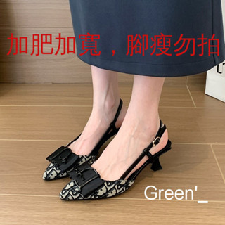 Green' 加肥加寬大尺碼女鞋35-45法式高跟涼鞋女尖頭後空細高跟包頭中跟氣質涼拖鞋寬楦女鞋