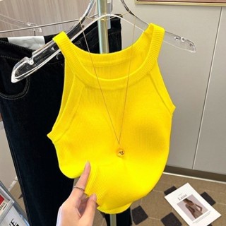 衣時尚 上衣 針織衫 毛線衣 背心 吊帶 新款港味針織u領吊帶背心女冰絲內搭露背復古羈扣短款無袖t卹打底上衣-1240.