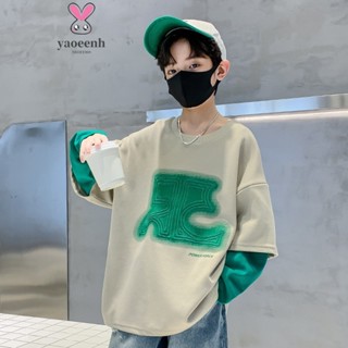 【YAOEENH】120-170CM 春秋款男童時尚假兩件拼接袖大學T 中大童字母寬鬆休閒運動上衣 現貨 快速出貨