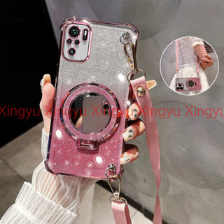 Redmi Note 10 Pro 4G NOTE10 4G 豪華頸帶保護套四角防震手機殼三維化妝鏡支架 TPU 矽膠軟