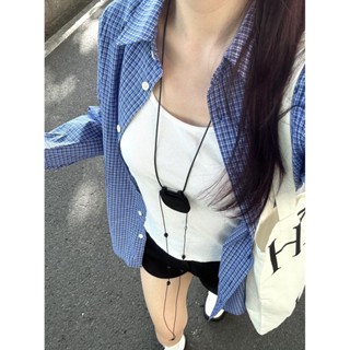 【HOT 本舖】 春夏韓版寬鬆設計感小眾藍色格紋長袖襯衫女氣質休閒防曬上衣