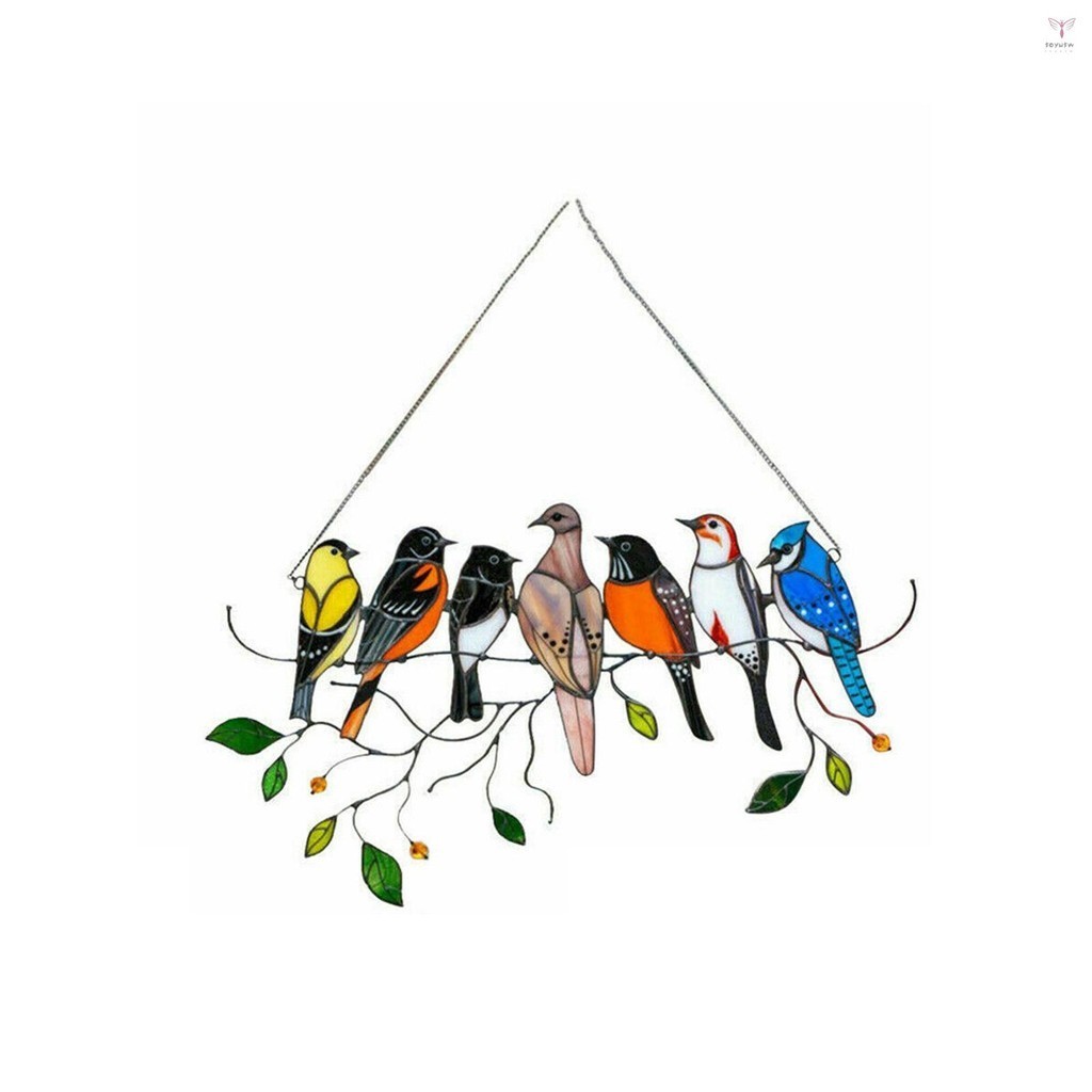Uurig)多色金屬絲上的鳥高染色亞克力陽光捕集器窗掛 7 隻鳥窗門吊飾花園家居春季裝飾品
