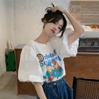 卡通泡泡袖T恤夏季韓版2024新款印花寬鬆洋氣短袖上衣女裝