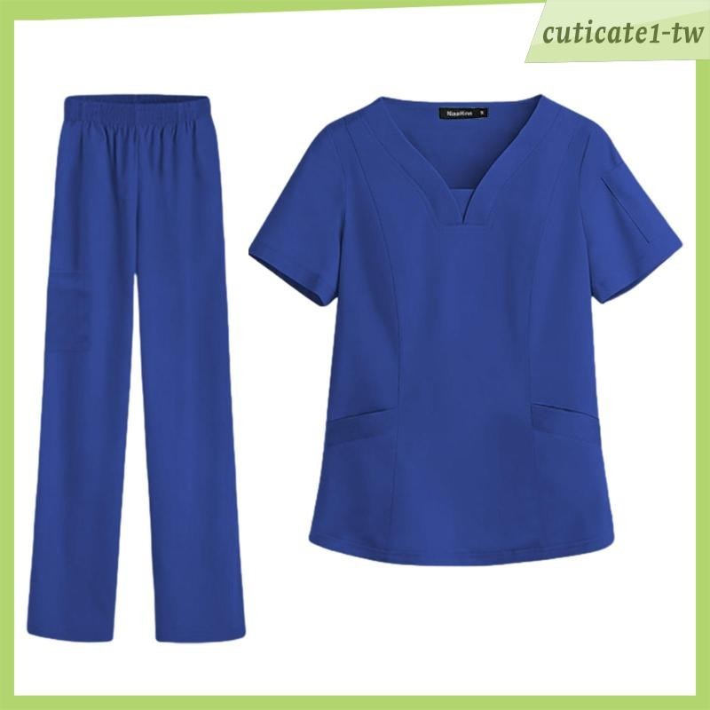 [CuticatecbTW] 女士護士磨砂套裝製服藍色工作服速乾 V 護理工作服適合工人寵物美容師舒適