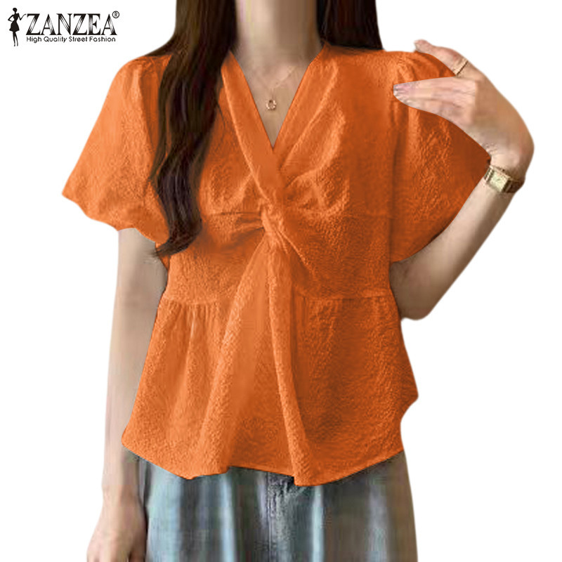 Zanzea 女式韓版休閒 V 領純色短袖襯衫