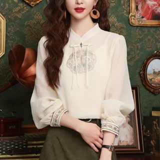 新中式立領繡花長袖雪紡襯衫時尚寬鬆減齡上衣