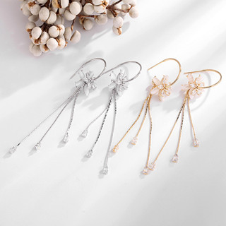 【唯依家】新款 簡約 韓國 時尚 創意 水晶花朵 貓眼石 長款流蘇耳飾 S925銀針 耳環