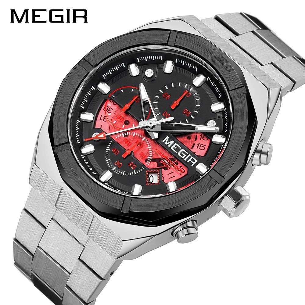 【現貨秒發】MEGIR美格爾時尚創意潮流男腕錶計時多功能運動鋼帶夜光手錶2225G 2EQT