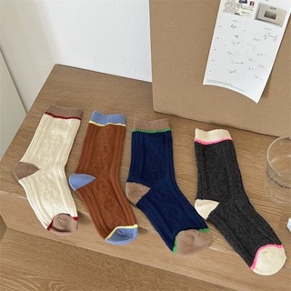 柳惠珠襪子 韓國撞色麻花粗線堆堆襪菱格小眾拼色男女純棉中筒襪ins潮襪