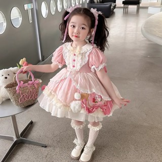 女童洛麗塔粉色蓬蓬公主裙短袖週嵗女禮服洋裝宮廷風連衣裙