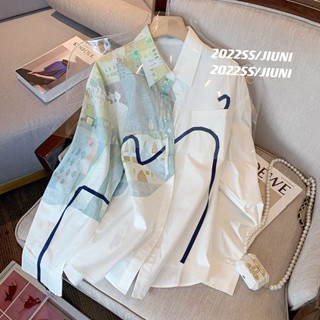 小眾插畫絲帶白色襯衫女2022春季新款設計感韓版寬鬆迭穿長袖上衣