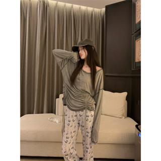 【HOT 本舖】 實拍~慵懶姐姐長袖T印花露肩t恤女寬鬆顯瘦上衣印花長褲套裝
