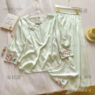 a849新品傢居服女春夏新款五分袖冰絲綠意古風中式斜襟漢服睡衣女潮【安貝諾】