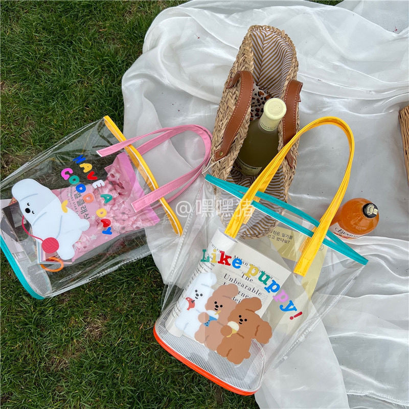 可愛小熊日系簡約透明沙灘包 野餐包 果凍包 手提包 斜背包