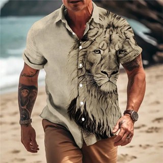 中性夏季夏威夷襯衫男士 3d 動物印花襯衫男士獅子短袖寬鬆透氣上衣