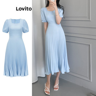 Lovito 女士休閒素色褶襉泡泡袖洋裝 L86ED270