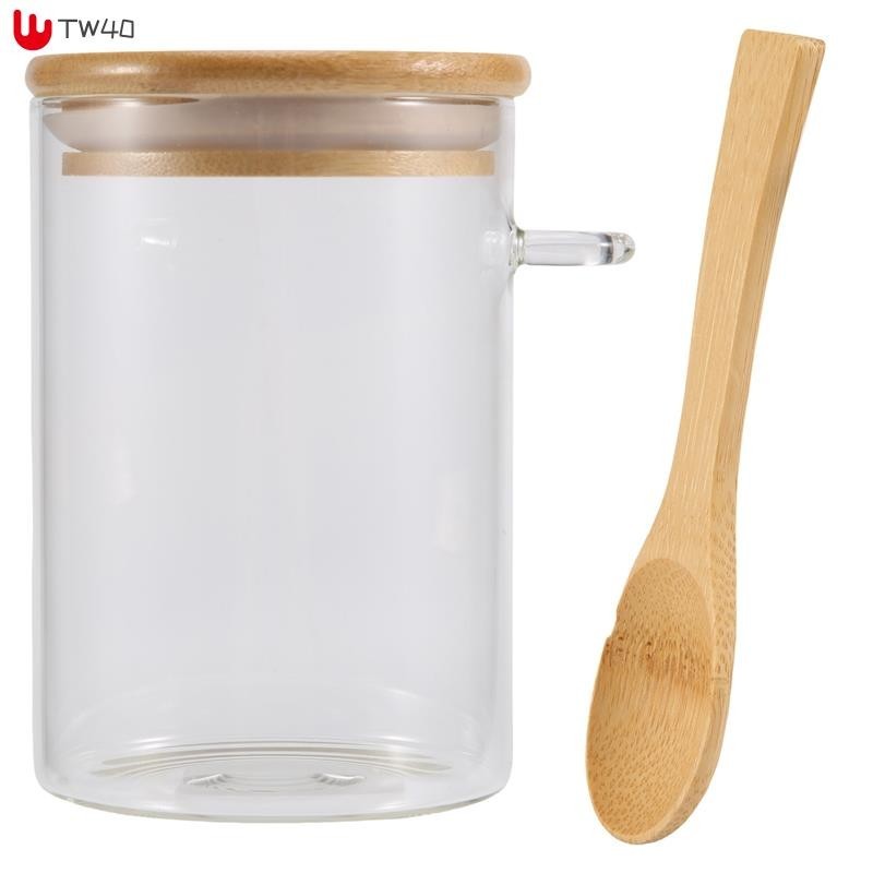 玻璃食品密封罐腳輪木製扭蓋廚房糖果儲罐罐竹食品容器帶木勺