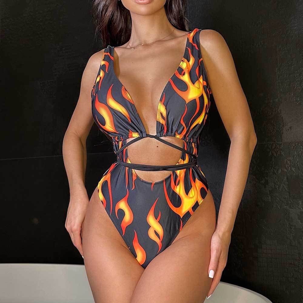 2024連身泳衣火焰紋鏤空深V緊身一件式連身泳衣bikini