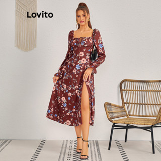 Lovito 女款休閒花卉結構線條抽繩開衩洋裝 LBL11147